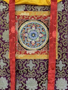 Hand-Painted Om Lotus Mandala Thangka Art  in Silk Brocade