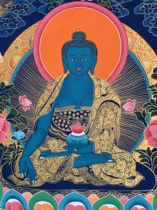 Hand-Painted Medicine Buddha Tibetan Thangka Art on Canvas,  22 x 30 Inches