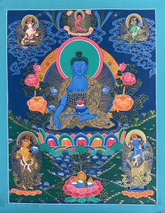 Hand-Painted Medicine Buddha Tibetan Thangka, Art on Canvas, 22 x 30 Inches