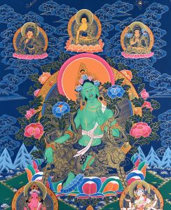 Hand-Painted Green Tara Tibetan Thangka Art on Canvas 22 x 30 Inches