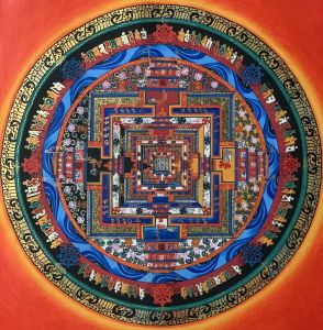 Hand-Painted Kalachakra Mandala Tibetan Thangka Art on Canvas 12 x 12 Inches