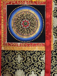 Hand-Painted Om Mantra Mandala Thangka Art with Silk Brocade