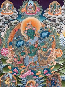 Hand-Painted Green Tara Gold Thanka Painting Finest Art on Canvas 15 x 20 Inches
