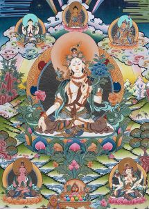 Hand-Painted White Tara Tibetan Gold Thangka Finest Art on Canvas 15 x 20 Inches