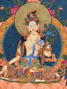 Hand-Painted White Tara Tibetan Thangka Finest Quality Art on Canvas 17 x 22 Inches