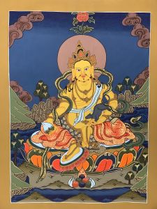 Hand-Painted Kubera Jambala God of Prosperity Thangka Art on Canvas 13 x 17 Inches