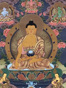 Hand-Painted Shakyamuni Buddha Tibetan Thangka Art, Painting on Canvas, 17 x 22 Inches