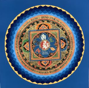 Hand-Painted Om Lotus Mandala Tibetan Thangka Painting Art on Canvas, 12 x 12 Inches