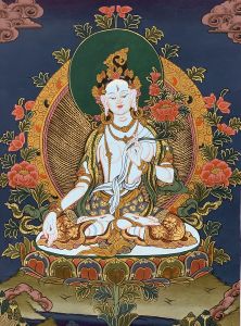 Hand-Painted White Tara Tibetan Thangka, Art on Canvas 13 x 17 Inches