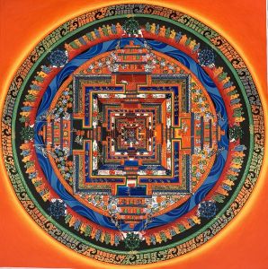 Hand-Painted Kalachakra Mandala Tibetan Thangka Art, Painting on Canvas 14 x 14 Inches