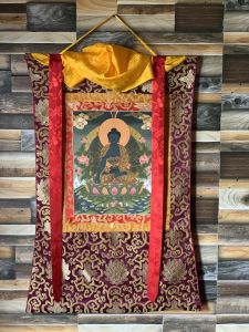 Hand-Painted Medicine Buddha Thangka Art Painting on Canvas 22 x 30 Inches in Silk Brocade