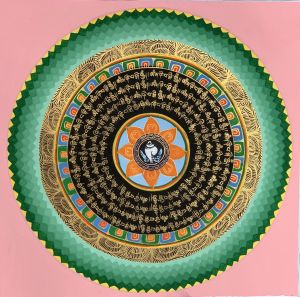 Hand-Painted Mantra Symbol Mandala Tibetan Thangka Painting, Art on Canvas, 12 x 12 Inches