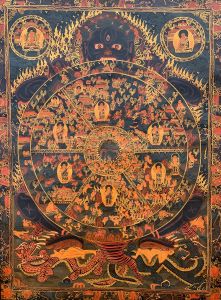 Hand-Painted Buddha Life Mandala Tibetan Thangka Painting Antique Finish 17 x 22 Inches