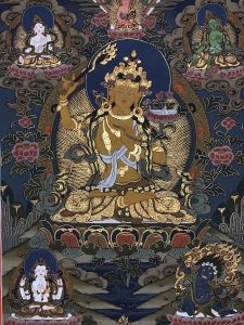 Hand-Painted Manjushree Bodhisattva Tibetan Thangka Art, Painting on Canvas, 17 x 22 Inches