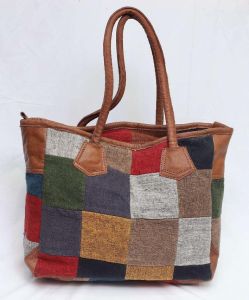 Large Size Multicolor Women's Cotton & Leather Tote Bag 