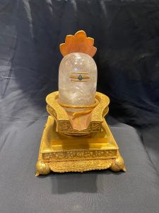 Handmade Crystal Shiva Linga with Fire Gold Plated Copper Metal