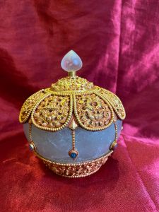Handmade Crystal Bowl Gold-Plated Copper Outline with Stone Setting