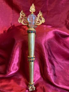 Crystal Skull Head Gold-Plated Copper Phurpa Ritual Dagger with Stone Setting