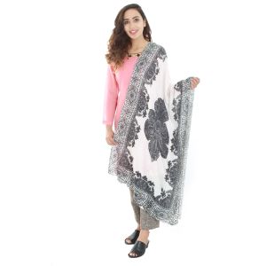 White and Black Floral Printed Shawl For Women