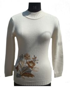 Pure Cashmere  Ladies  T neck  sweater with Embroidery on waist  Hand  Made  in  Nepal 
